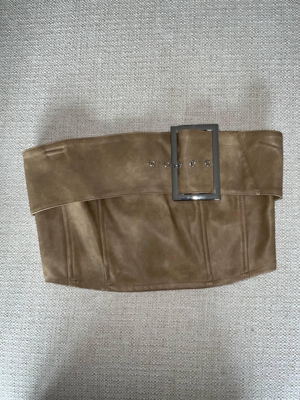 Forever 21 Suede-Look Strapless Crop Top in Tan with Silver Buckle